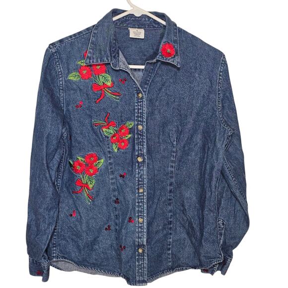 Westbound Tops - Westbound Womens Shirt Denim Top Red Flowers Embroidery Holiday School Sz M